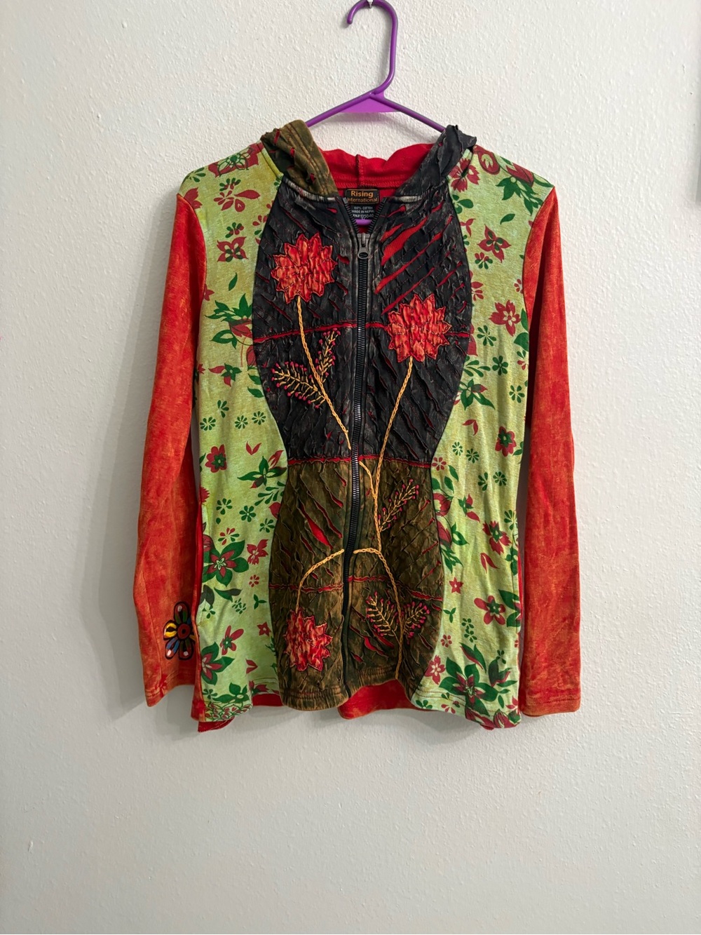Rising International Orange & Green Floral Patchwork Hoodie